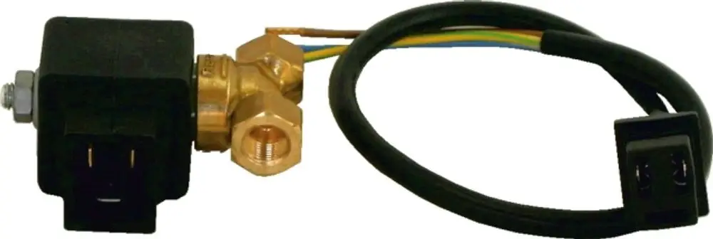 Magnetventil mit elektrischem Anschluss und Kupferanschlüssen, geeignet für Wolf Anlagen. Kabel mit mehreren farbigen Drähten.
